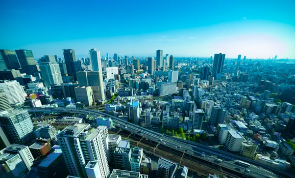 A panorama cityscape near the railway in Osaka wide shot photo
