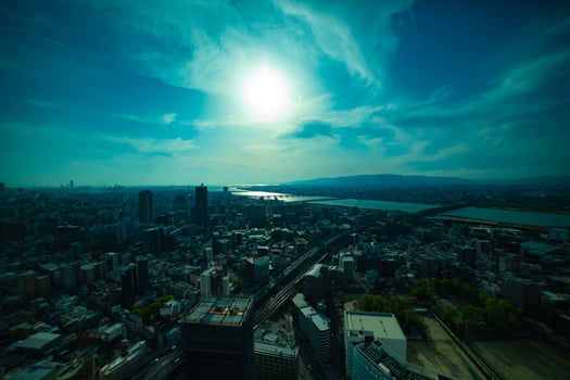 A sunset panoramic cityscape near Yodo river in Osaka wide shot photo