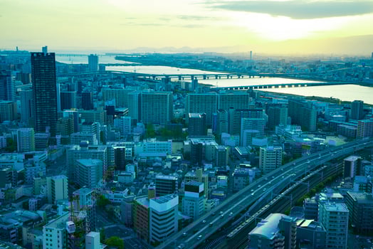 A sunset panoramic cityscape near Yodo river in Osaka photo
