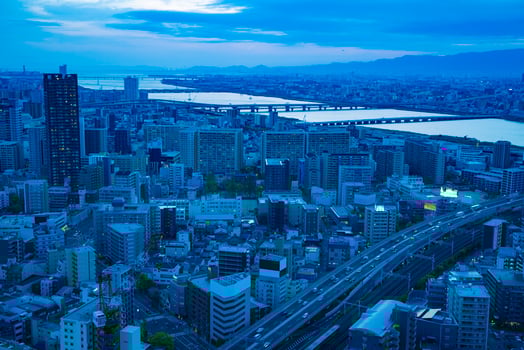 A dusk panoramic cityscape near Yodo river in Osaka photo