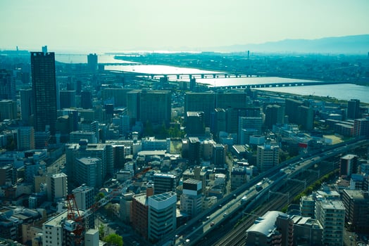 A sunset panoramic cityscape near Yodo river in Osaka photo