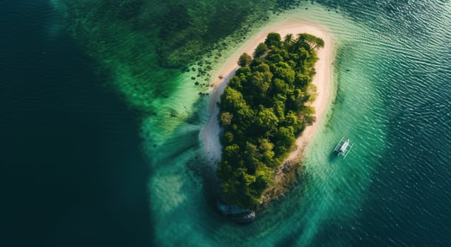 AI generated an aerial view of an indented island with a boat in the water photo