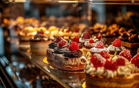 AI generated cakes sitting in a glass case photo