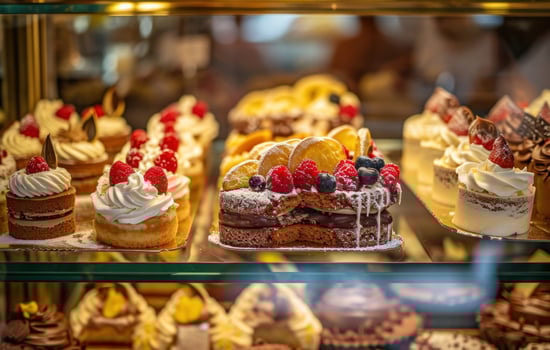 AI generated cakes sitting in a glass case photo