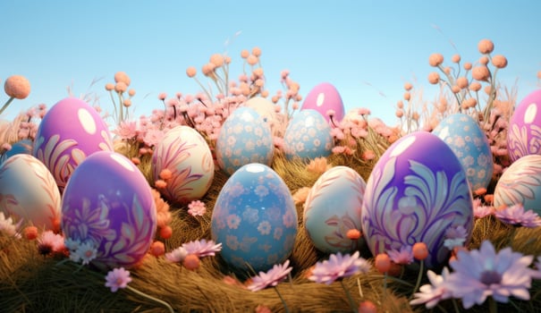 AI generated colorful eggs on colorful grass with sun around photo