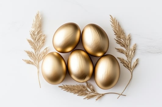 AI generated gold easter eggs on a white background photo