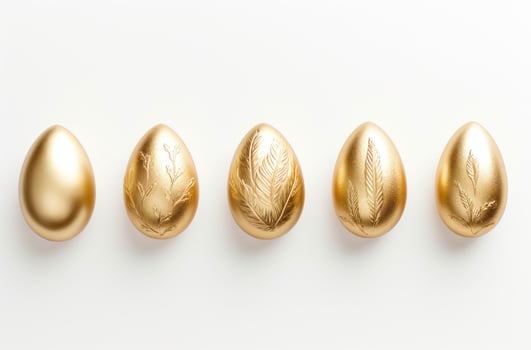 AI generated gold easter eggs on a white background photo