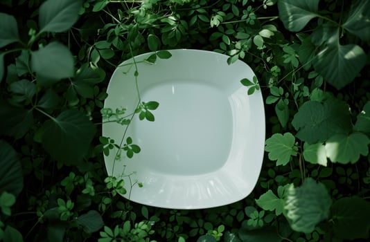 AI generated white oval circle in the middle of green leaves photo