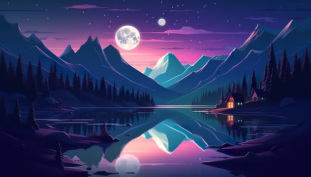 AI generated Moonlight mountain scene, house beside a lake. AI Generative photo