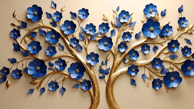 AI generated Elegant gold and royal blue floral tree with leaves and flowers hanging branches illustration background. AI Generated. photo