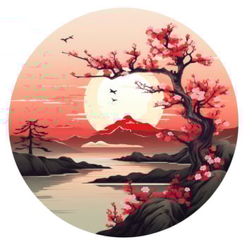 AI generated Cherry blossoms in the sunset background. Japanese tattoo style. AI Generated photo