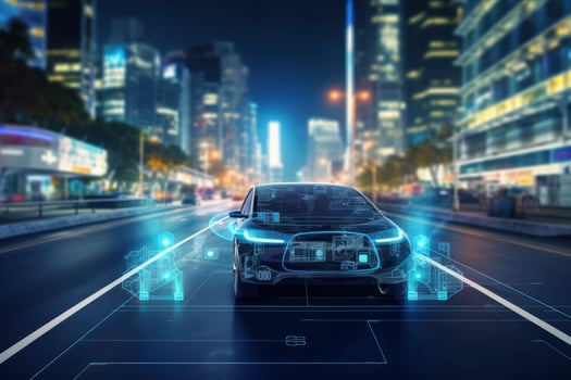 AI generated Modern smart car technology intelligent system using Heads up display HUD Autonomous self driving mode vehicle on city road with graphic sensor radar signal system intelligent car. photo