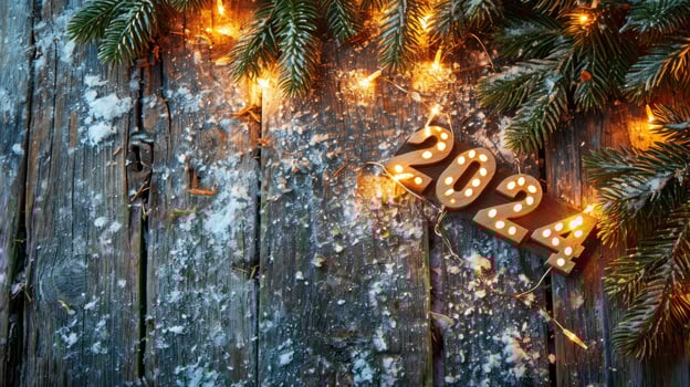 AI generated A rustic wood background with 2024 in bright lights New Year Flat lay top view, with copy space. Generative AI photo