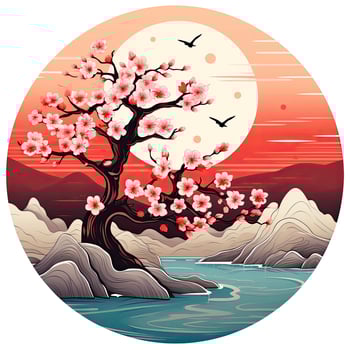 AI generated Cherry blossoms in the sunset background. Japanese tattoo style. AI Generated photo