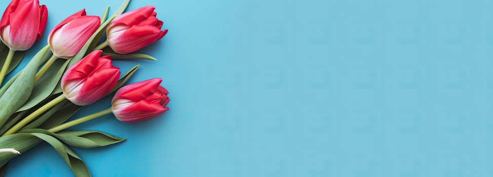 AI generated Bouquet of red tulip on blue Background. Top view with copy space.  AI Generated photo