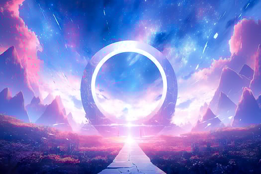 AI generated Portal to another world. Futuristic cosmic landscape with circle tunnel in starry sky. Generative AI photo