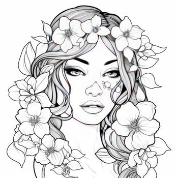 AI generated A girl on a coloring book page with Jasmine flowers. AI Generated photo
