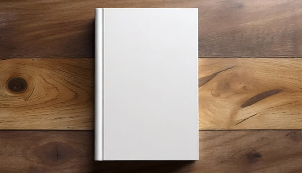 AI Generated Top view of a white blank book with hard cover lying on a brown table photo