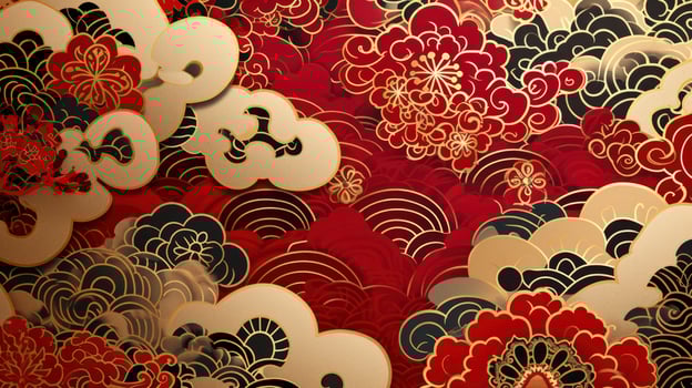AI generated Chinese auspicious cloud pattern with red and gold themes. photo
