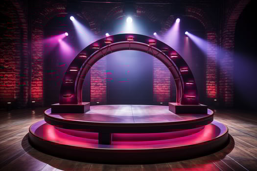 AI generated Purple and pink neon podium, pedestal. photo