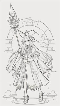 AI generated Anime Wizard Girl Line Art Drawing Sketch Black and White Simple Background photo