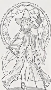 AI generated Anime Wizard Girl Line Art Drawing Sketch Black and White Simple Background photo