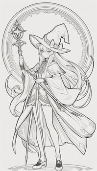 AI generated Anime Wizard Girl Line Art Drawing Sketch Black and White Simple Background photo
