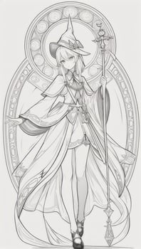 AI generated Anime Wizard Girl Line Art Drawing Sketch Black and White Simple Background photo