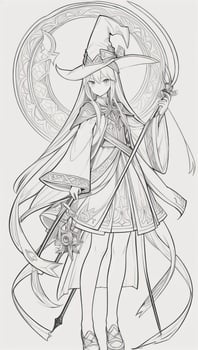 AI generated Anime Wizard Girl Line Art Drawing Sketch Black and White Simple Background photo