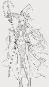 AI generated Anime Wizard Girl Line Art Drawing Sketch Black and White Simple Background photo