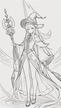 AI generated Anime Wizard Girl Line Art Drawing Sketch Black and White Simple Background photo