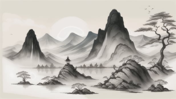 AI generated Chinese Landscape Mountain Nature Painting Ink photo