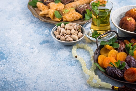 Ramadan iftar traditional desserts baklava and dates photo