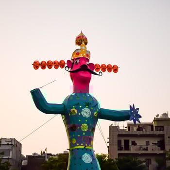 Ravnans being ignited during Dussera festival at ramleela ground in Delhi, India, Big statue of Ravana to get fire during the Fair of Dussera to celebrate the victory of truth by Lord Rama photo