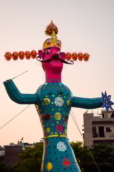 Ravnans being ignited during Dussera festival at ramleela ground in Delhi, India, Big statue of Ravana to get fire during the Fair of Dussera to celebrate the victory of truth by Lord Rama photo