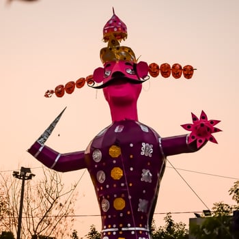 Ravnans being ignited during Dussera festival at ramleela ground in Delhi, India, Big statue of Ravana to get fire during the Fair of Dussera to celebrate the victory of truth by Lord Rama photo