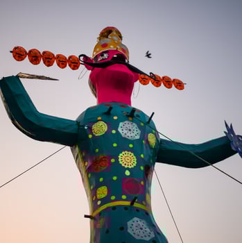 Ravnans being ignited during Dussera festival at ramleela ground in Delhi, India, Big statue of Ravana to get fire during the Fair of Dussera to celebrate the victory of truth by Lord Rama photo