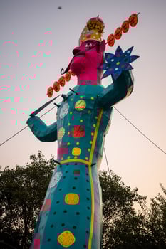 Ravnans being ignited during Dussera festival at ramleela ground in Delhi, India, Big statue of Ravana to get fire during the Fair of Dussera to celebrate the victory of truth by Lord Rama photo