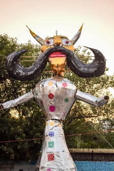 Ravnans being ignited during Dussera festival at ramleela ground in Delhi, India, Big statue of Ravana to get fire during the Fair of Dussera to celebrate the victory of truth by Lord Rama photo