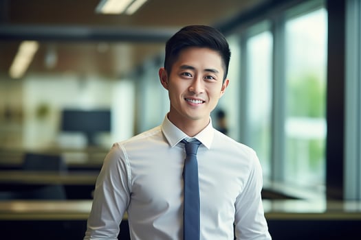 AI generated smiling businessman in the office, handsome and confident photo