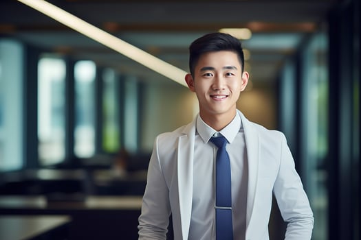 AI generated smiling businessman in the office, handsome and confident photo