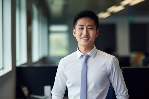 AI generated smiling businessman in the office, handsome and confident photo