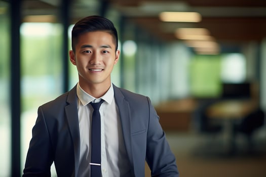 AI generated smiling businessman in the office, handsome and confident photo