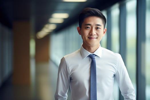 AI generated smiling businessman in the office, handsome and confident photo
