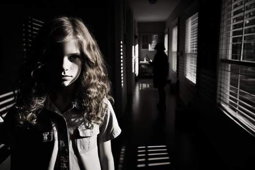 AI generated Chilling Presence Young Girl in Shadows with Mysterious Silhouette photo