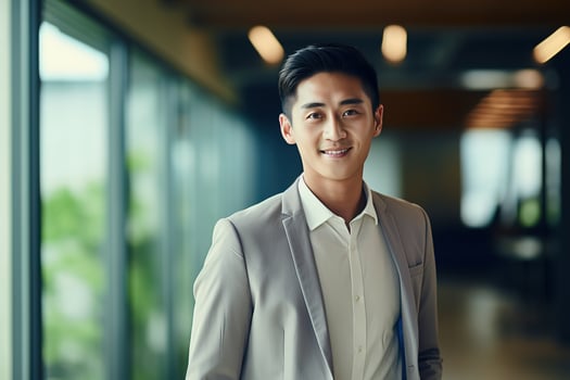 AI generated smiling businessman in the office, handsome and confident photo