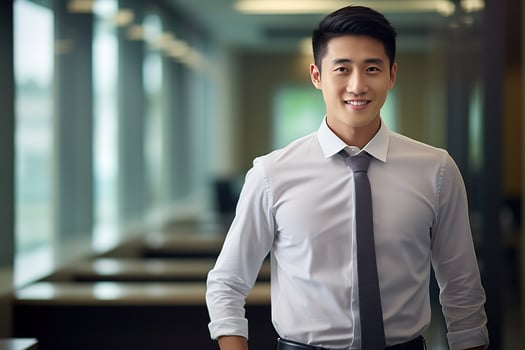 AI generated smiling businessman in the office, handsome and confident photo