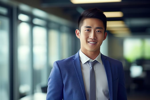 AI generated smiling businessman in the office, handsome and confident photo