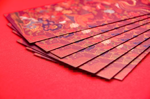 Close up of Chinese New Year red packets on red cover background with customizable space for text photo