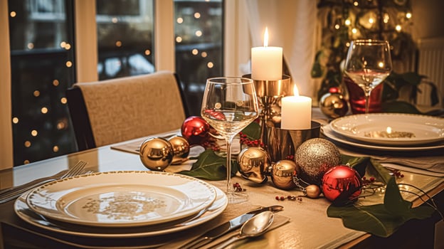 AI generated Festive date night tablescape idea, dinner table setting for two and Christmas, New Year, Valentines day decor, English country home styling photo